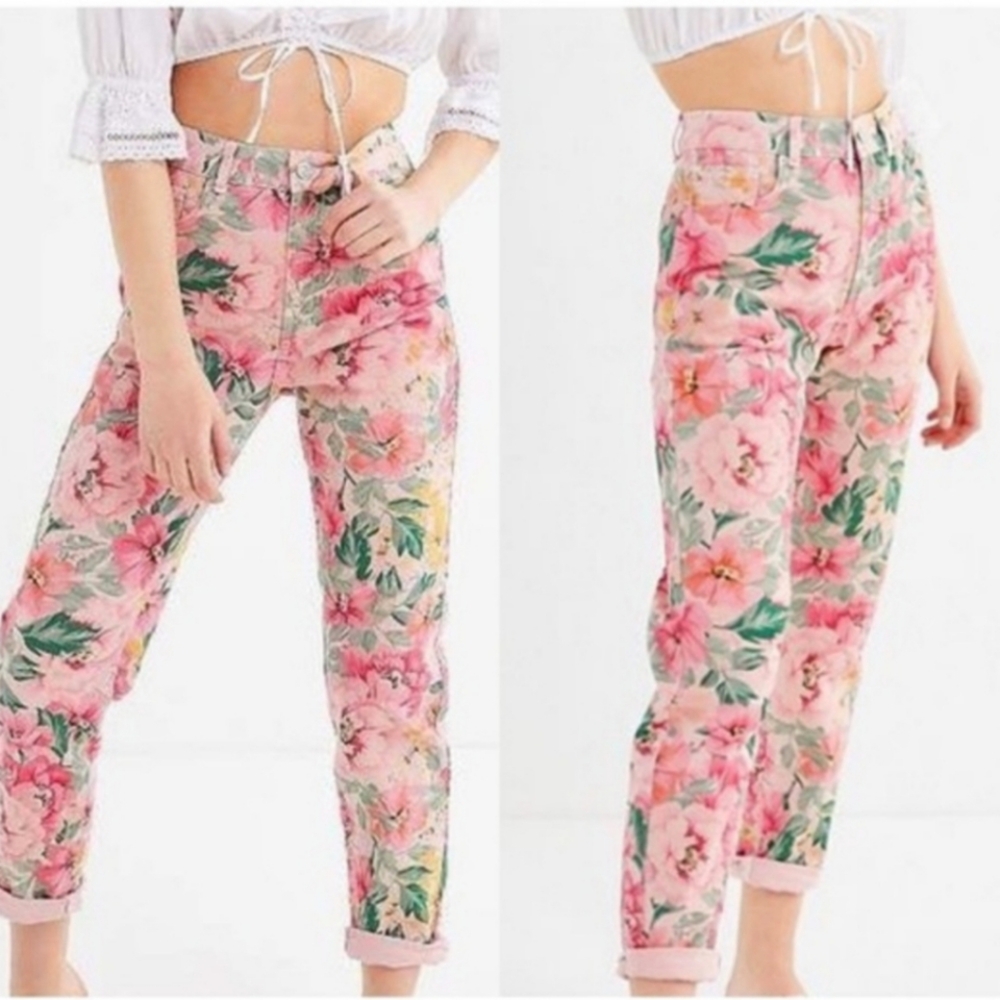BDG Pink Mom Jeans With Tropical Floral Print High Waisted Ankle Length Sz 26
